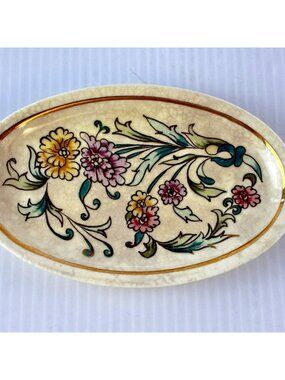 Vintage Zsolnay Hungary Hand Painted Trinket Dish, Round Florals Gold Trim